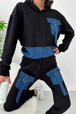 Compleu bumbac si denim ALFENA, cu pantaloni si hanorac cu gluga, Negru detaliu fata