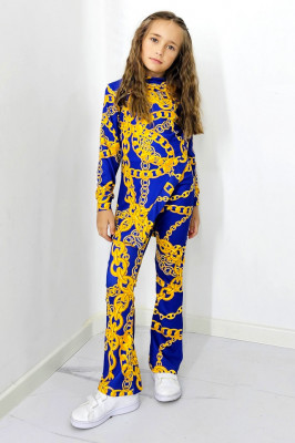 Compleu casual, Agathea Kids, pantaloni tetra evazati si bluza lunga asimetrica, Blue Chain 2