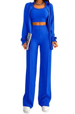 Compleu casual Aleksa, din trei piese, cu top, camasa si pantaloni evazati, Albastru