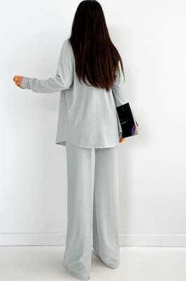 Compleu casual Aleksa, din trei piese, cu top, camasa si pantaloni evazati, Silver 3