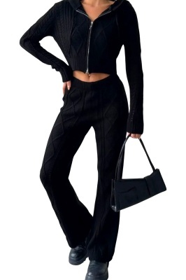 Compleu casual din tricot TOREN, bluza scurta cu fermoar si pantaloni, Negru, Marime S/M