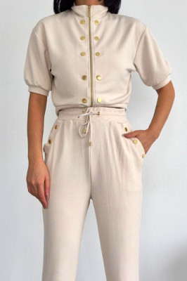 Compleu casual NonCom, bluza lejera cu maneca scurta si pantaloni cu snur, Crem 4
