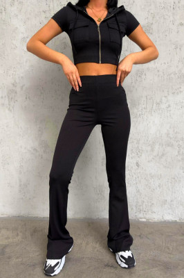 Compleu casual Tenis, bluza crop cu maneca scurta si pantaloni evazati, Negru 2