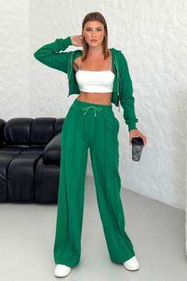 Compleu casual WalKING Time, hanorac si pantaloni cu dungi in relief, Verde 2