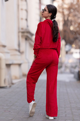 Compleu catifea Francisca pantaloni evazati si bluza cu gluga, Rosu2