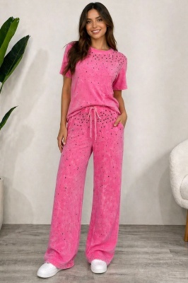 Compleu catifelat casual Amelye, cu pantaloni si tricou lejer, Roz