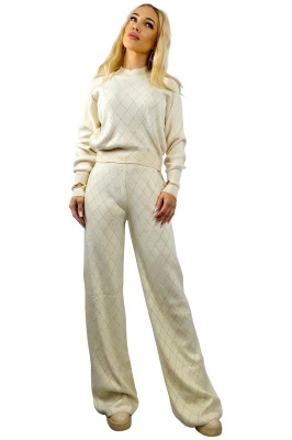 Compleu cu lana si paiete Rewe Mirage, pantaloni si jerseu, Crem, Marime S/M/L