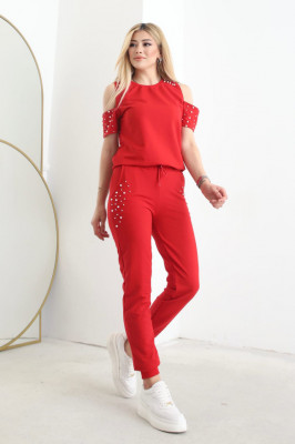 Compleu cu perle Jupiter, pantaloni si bluza cu maneca scurta, Rosu4