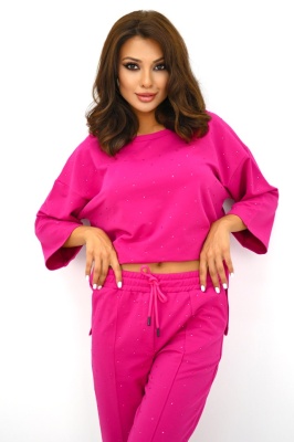 Compleu dama Radiant Pair, cu pantaloni, lungime asimetrica si bluza cu cristale, Fucsia 1