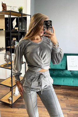 Compleu de catifea Katrina, pantaloni si bluza, gri