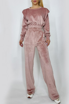 Compleu de catifea Miley bluza si pantaloni evazati roz
