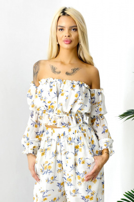 Compleu de vara Bouquet, pantaloni lejeri si camasa cu volane, Alb, Marimea S/M/L detaliu