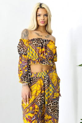 Compleu de vara Bouquet, pantaloni lejeri si camasa cu volane, Galben Leopard, Marimea S/M/L detaliu