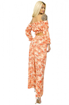 Compleu de vara Bouquet, pantaloni lejeri si camasa cu volane, Portocaliu, Marimea S/M/L spate
