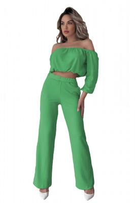 Compleu elegant Alegria, bluza crop cu decolteu elastic pe umeri si pantaloni reiati, evazati, Verde2