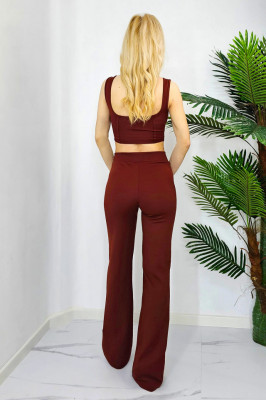 Compleu elegant Allan, top cu decolteu simetric, cusaturi evidentiate si pantaloni evazati, Maro3