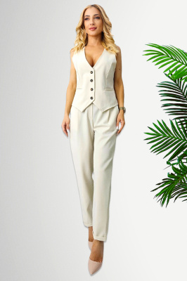 Compleu elegant TopStyle, cu vesta cambrata si pantaloni croi pană, Crem, Marime S/M