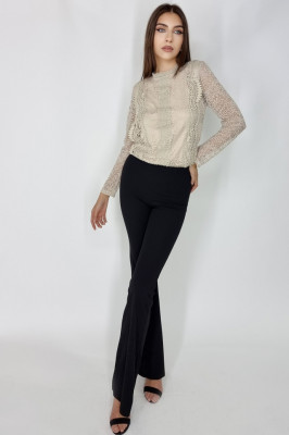 Compleu Federica, camasa cu efect brodat si pantalon evazat, Crem1