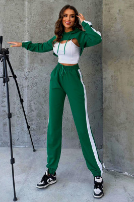 Compleu sport Bold Comfort, cu trei piese, hanorac decupat, top asortat si pantaloni cu dunga laterala, Verde 2