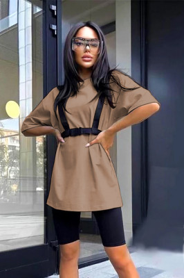 Compleu sport Cibyl, tricou lung cu ham si colanti scurti, Bej