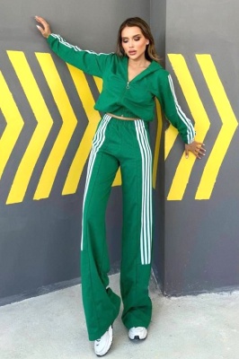 Compleu sport cu dungi in relief GHIZEL, jacheta si pantaloni evazati, Verde