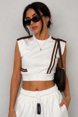 Compleu sport de dama BLAKE, cu pantaloni largi evazati si top crop, ALB 