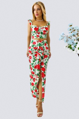 Compleu Summer Party, top cu volane si fusta cu imprimeu trandafiri, Crem, Marime S/M