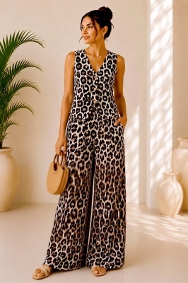 Compleu vaporos Arioso, animal print, pantaloni palazzo si vesta, Bej