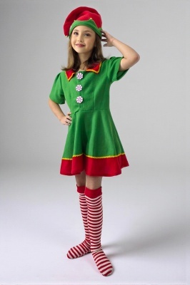 Costum Crăciun fetiță Elf Candy – set 3 piese: rochiță, ciorapi, căciulă