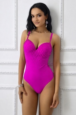 Costum de baie intreg MELACHIC, cu push up si cristale asimetrice, Fucsia