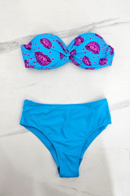 Costum de baie trei piese Maggie, imprimeu abstract si sutien cu push up, Albastru3
