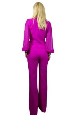 Costum elegant pentru evenimente DALYNA, cu sacou si maneca din tulle, Fucsia