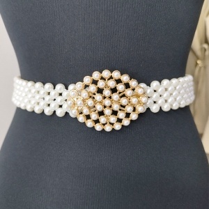 Curea elastica din perle Pearly B, cu catarama metalica decorativa, Gold Ovalyn