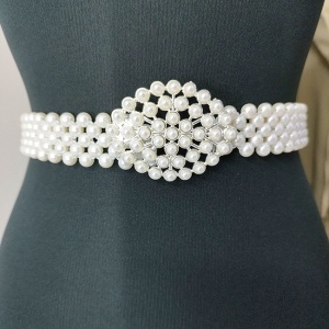 Curea elastica din perle Pearly B, cu catarama metalica decorativa, Ovalyn Alb
