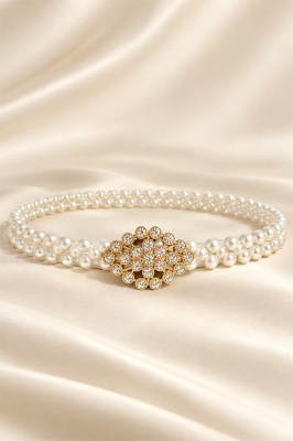 Curea elastica Heritage, cu perle si catarama funda, Gold ELVA