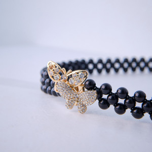 Curea elastica Pearly, catarama metalica decorativa si perle, Butterflies Negru 1