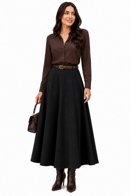 Fusta neagra maxi feminina cu curea contrastanta maro