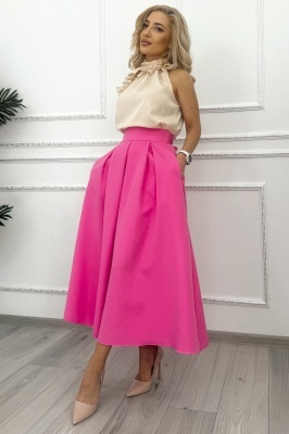 Fusta lunga evazata Mathilde, cu buzunare si pliuri, Fucsia, Marime S/M/L