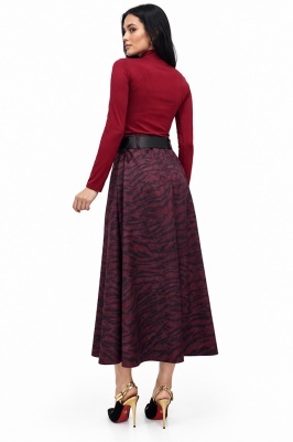 Fusta midi Chantaly, cu aspect catifelat si curea neagra, Burgundy Zebra, Marime S/M, detaliu spate