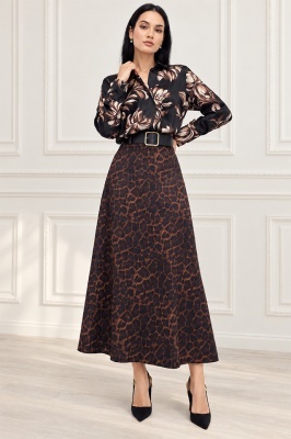 Fusta midi Chantaly, cu aspect catifea si curea neagra, Maro Leopard, Marime S/M