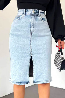 Fusta midi din denim, Tamera, cu buzunare fata/spate si crapatura frontala, Albastru  deschis2