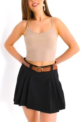 Fusta pantaloni Garby, cu pense simetrice si curea, Negru 1
