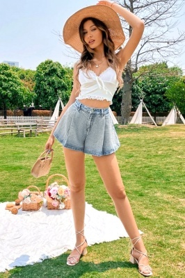 Fusta pantaloni scurti, denim CELEST, croi evazat cu pense, Albastru zapada