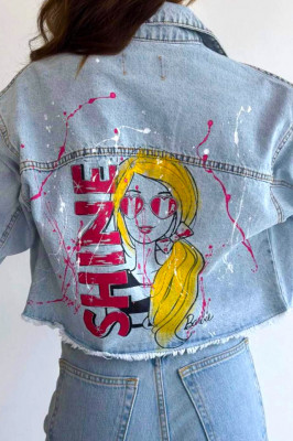 Geaca de blugi Power Barbie, croiala scurta si imprimeu cu aspect pictat, Albastru azur 3