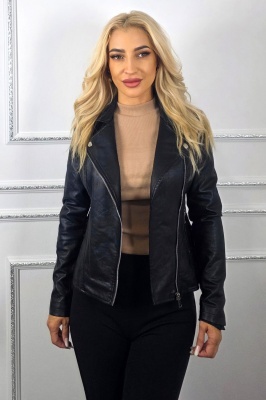 Geaca din piele ecologica NYTA, model biker cu fermoare, Negru