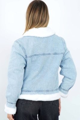 Geaca scurta din denim Renata, cu panouri din blana, Albastru deschis detaliu spate