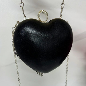 Geanta de ocazie, Glimmer, Negru, in forma de inima, cu strasuri si detalii metalice, Lant argintiu1