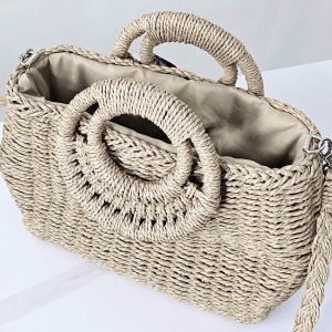 Geanta de plaja STRAW, crossbody, cu husa si lant detasabil, Crem 1