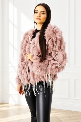 Haina eleganta Aylin, din blana naturala de vulpe, cu paiete asimetrice, Roz, Marime S/M/L
