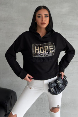 Hanorac cu gluga HOPE, emblema cu paiete si franjuri, Negru 4